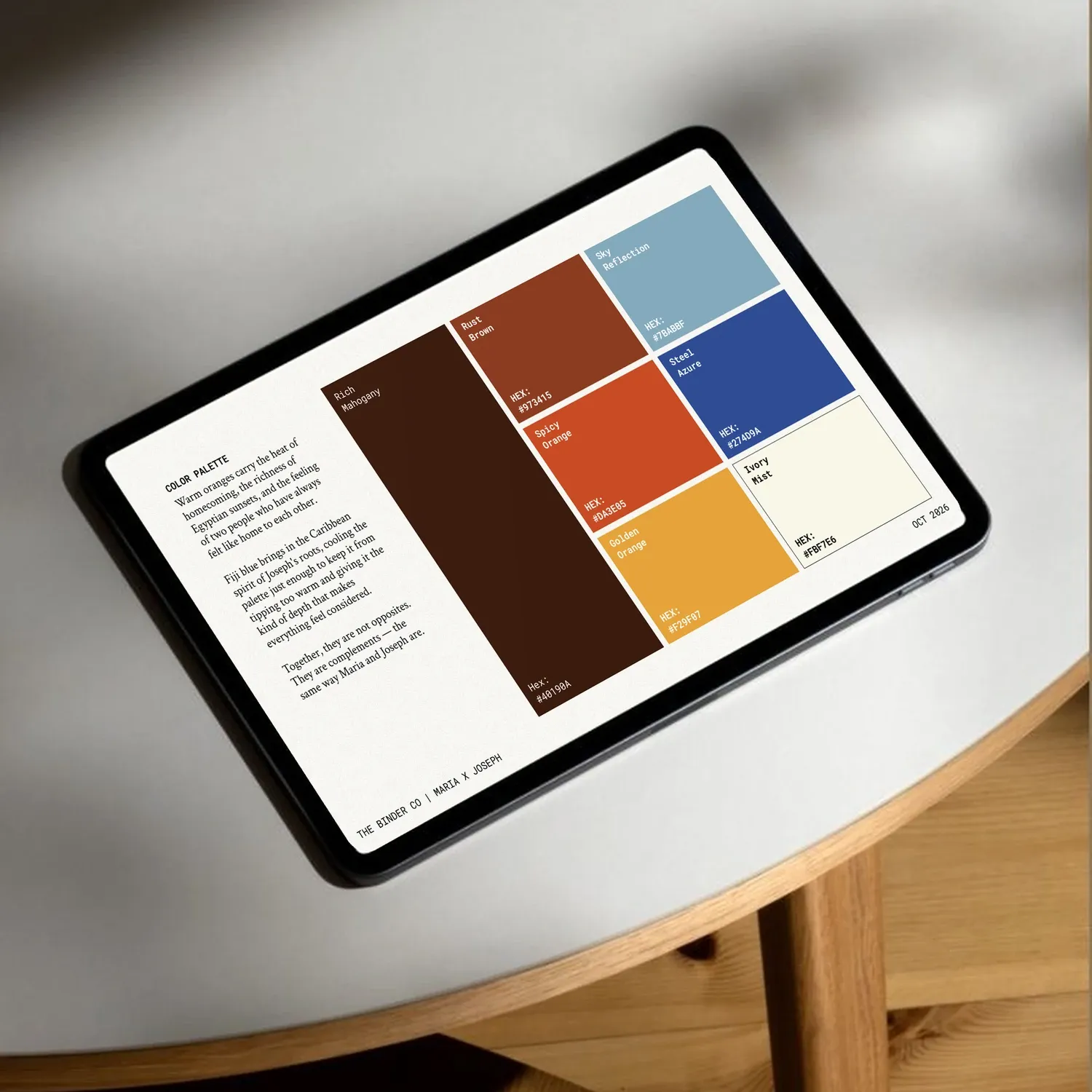The Binder open to a wedding color palette page on a tablet