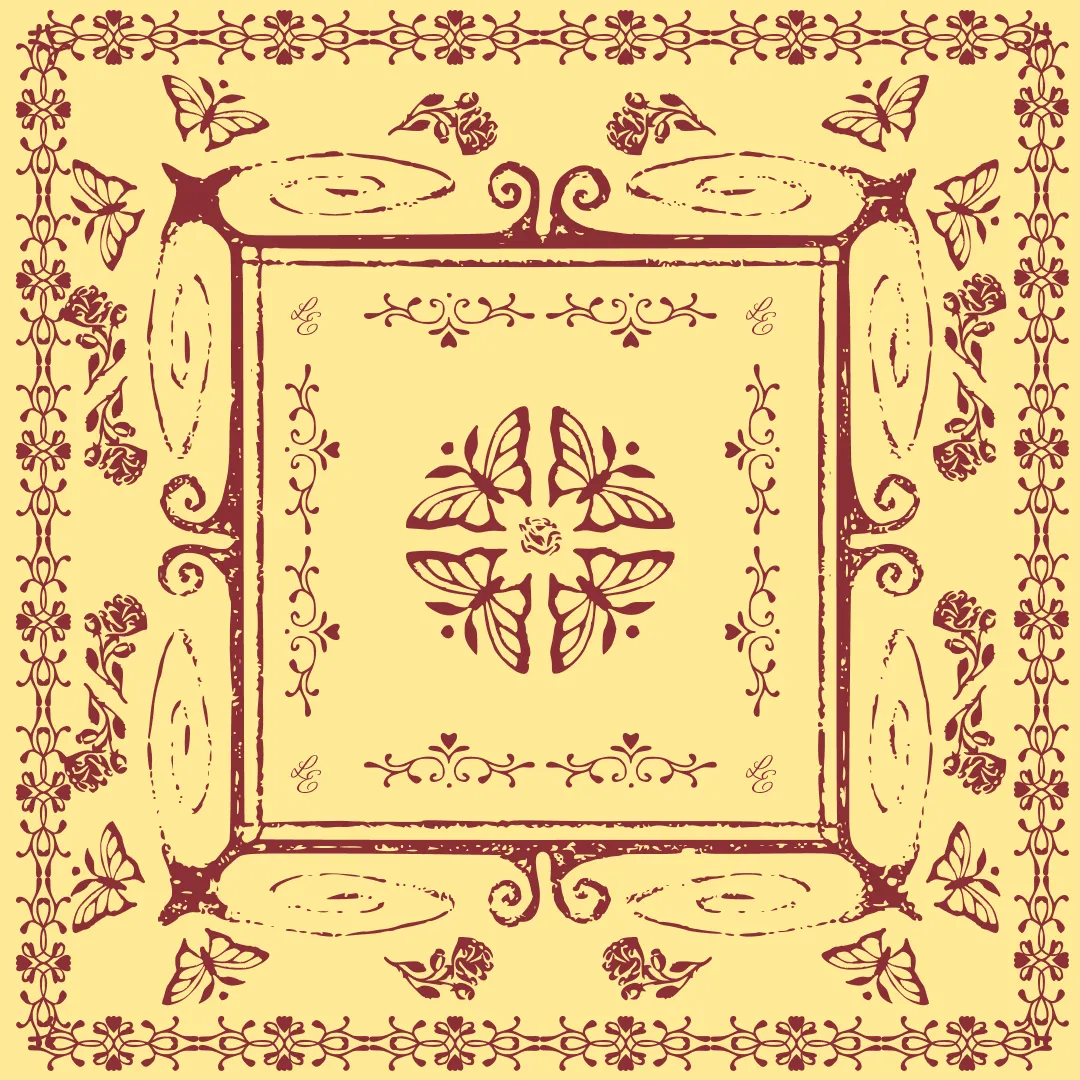 Bandana-style butterfly and rose illustration in maroon on pale yellow