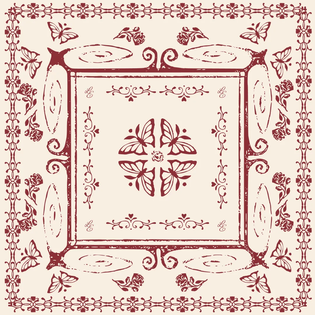Bandana-style butterfly and rose illustration in maroon on cream