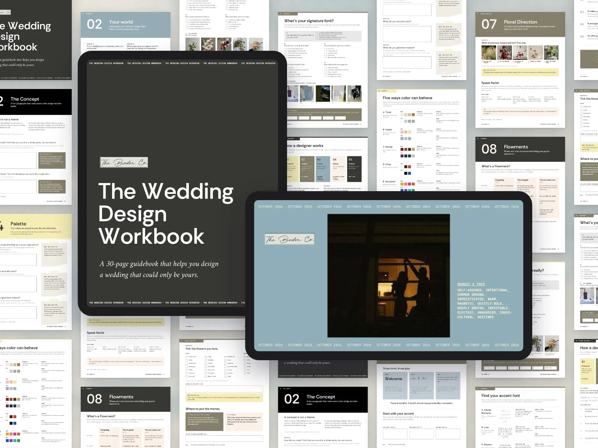 The Wedding Design Workbook cover and The Binder's cover page on tablets, surrounded by workbook pages on the concept, palette, typography, florals and Flowments