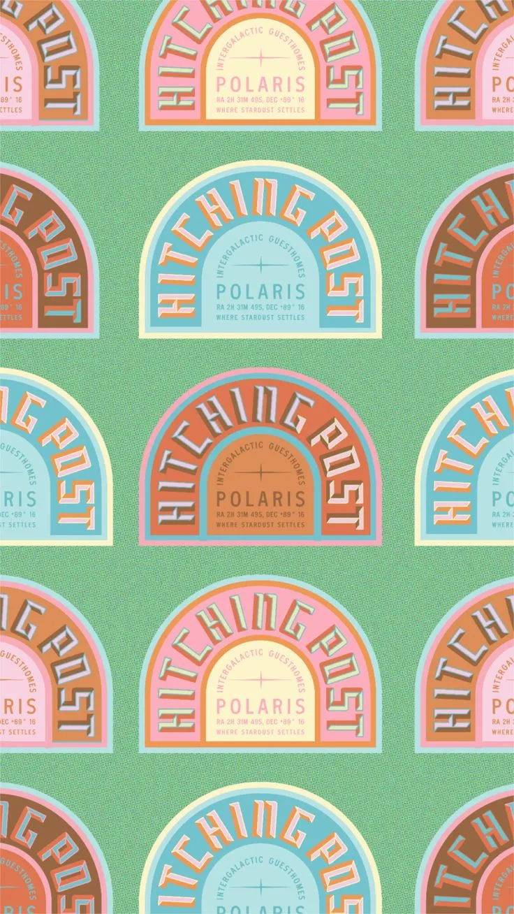 Repeating pastel Hitching Post arched badge pattern on a green background