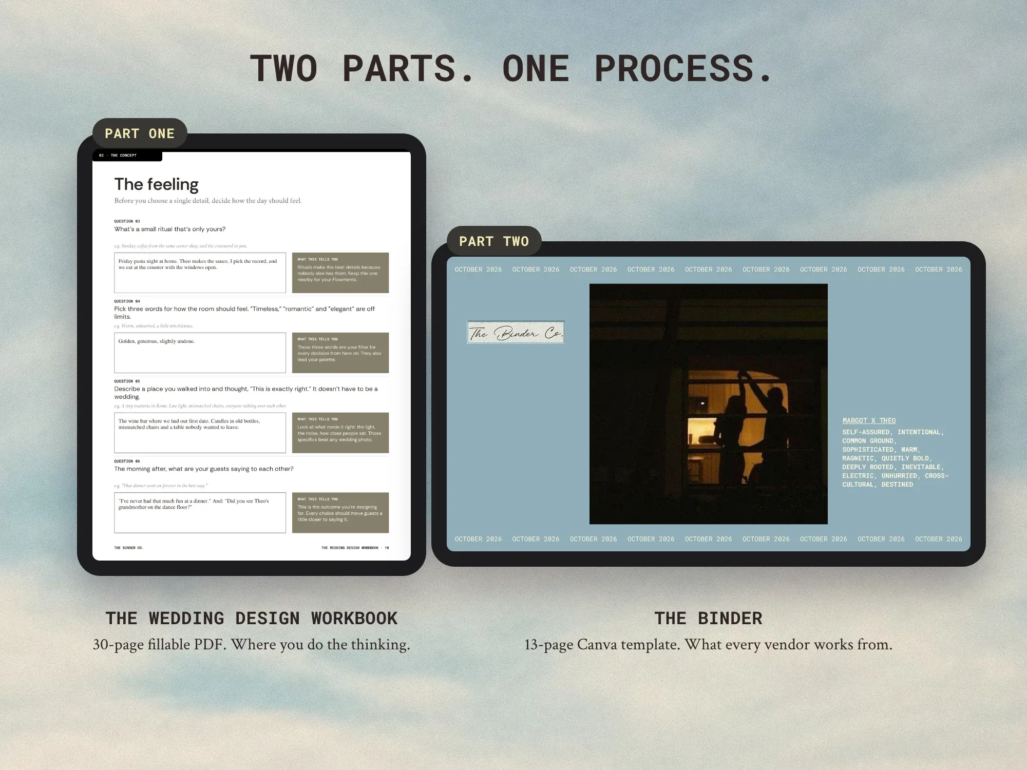 Two parts, one process: The Wedding Design Workbook, a 30-page fillable PDF where you do the thinking, and The Binder, a 13-page Canva template every vendor works from