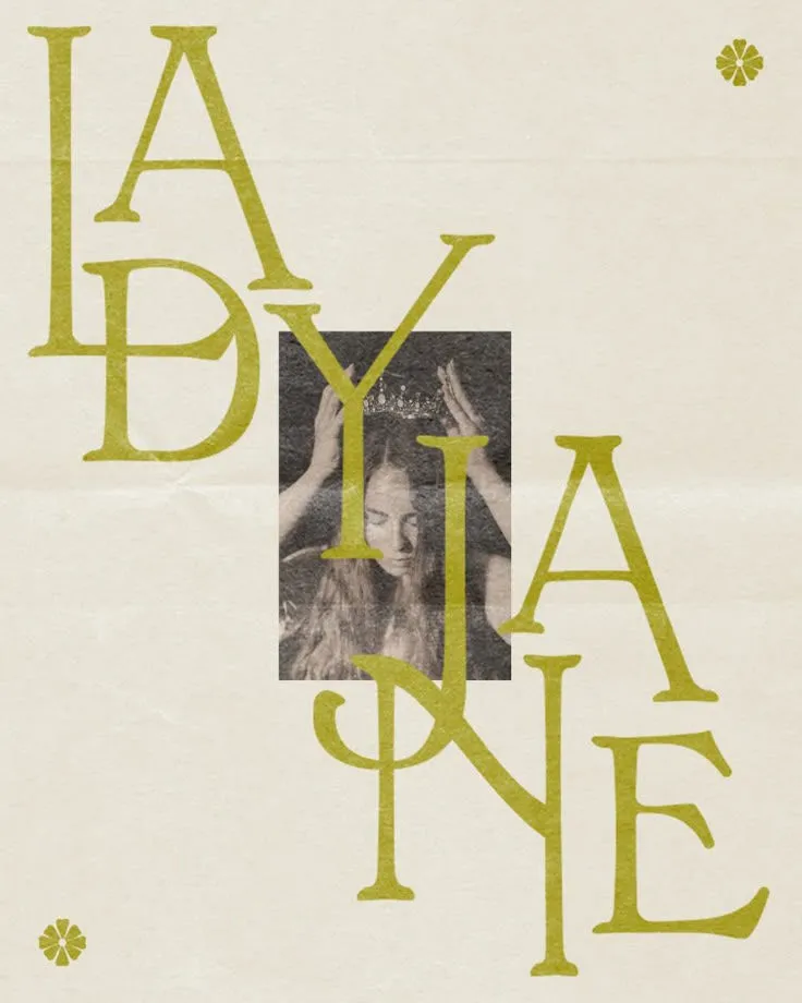 Lady Jane typographic poster in olive green with a vintage photo of a woman in a crown