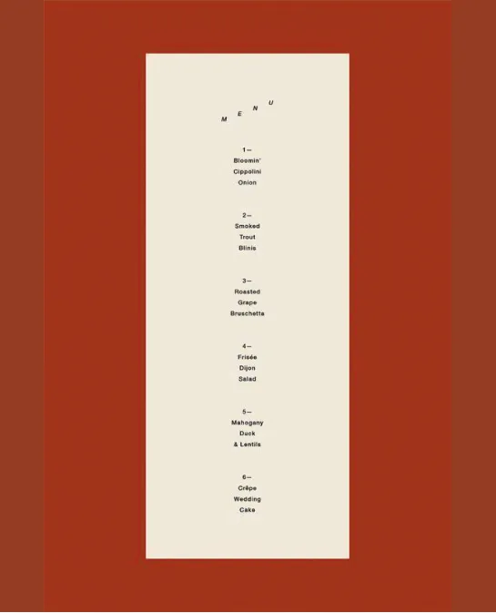 Terracotta red wedding menu card with numbered courses in cream type