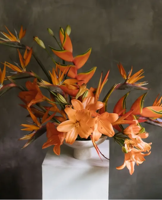 Bouquet of orange lilies and bird-of-paradise flowers against a dark backdrop