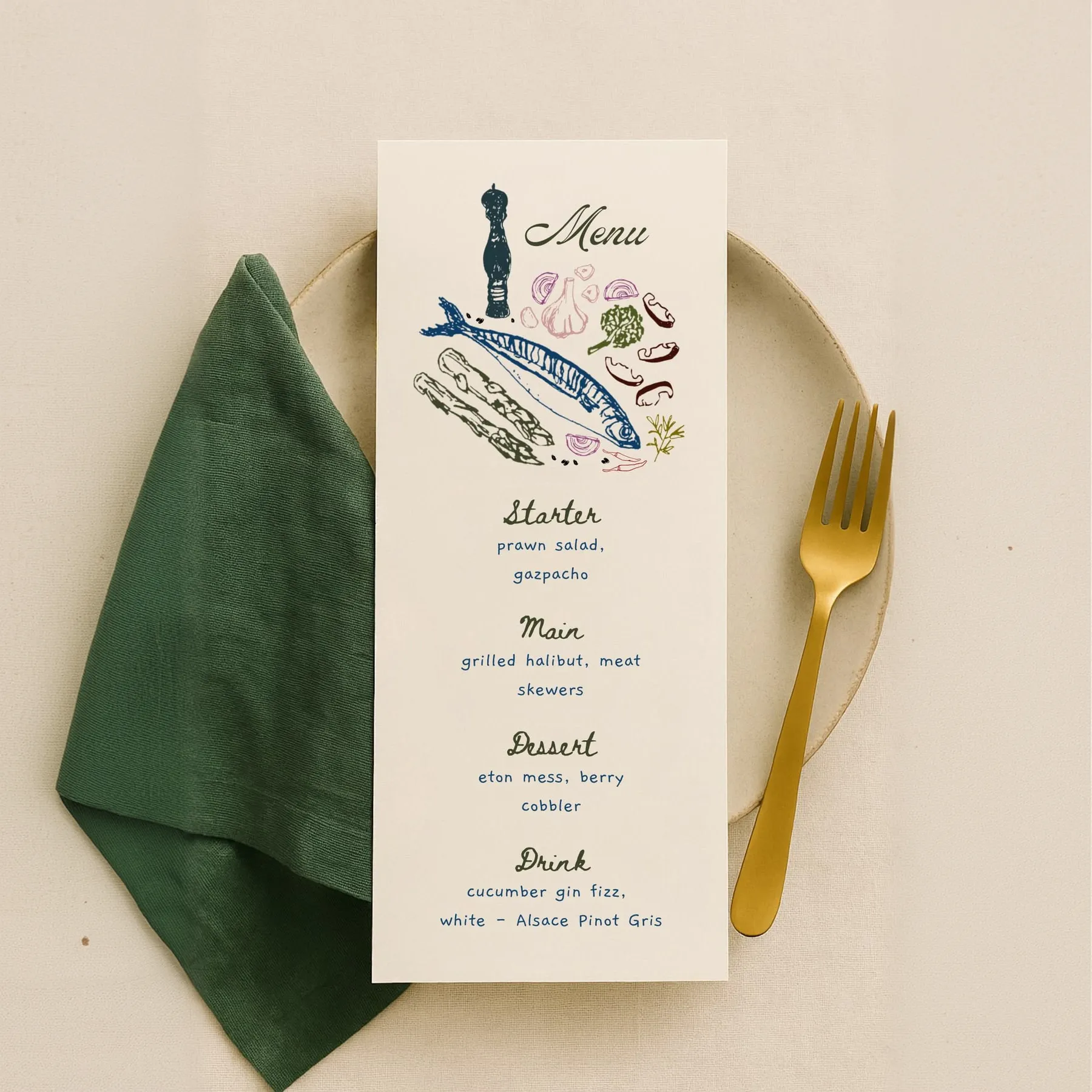 Illustrated seafood-themed wedding menu card styled with a green napkin and gold flatware