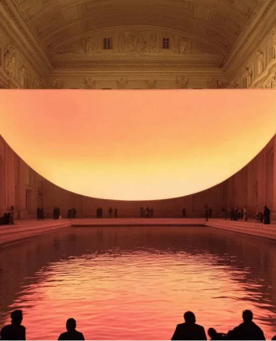 Glowing pink and orange art installation suspended over a reflecting pool in a grand colonnaded hall