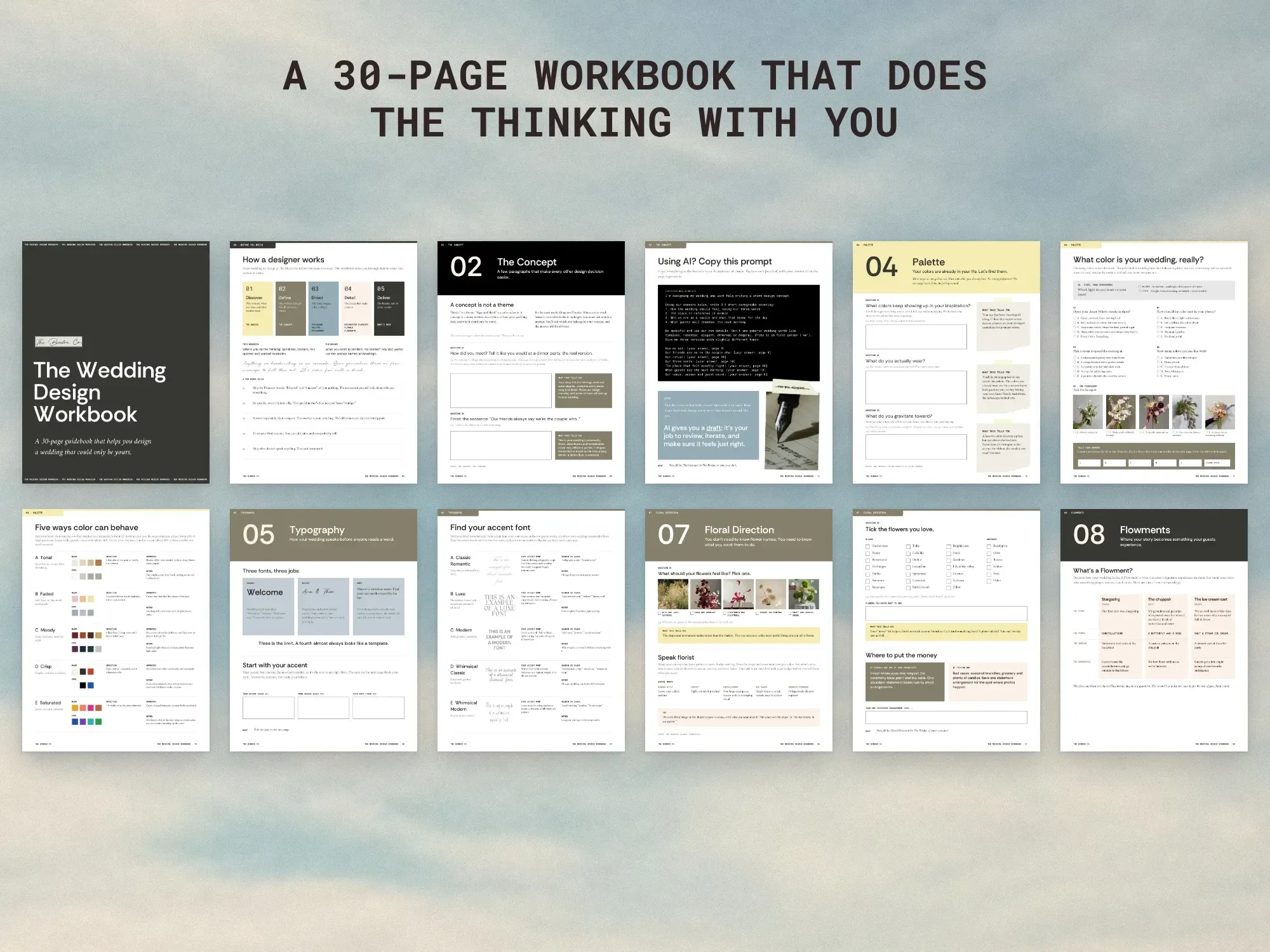 Twelve pages from the 30-page Wedding Design Workbook, from The Concept and Palette to Typography, Floral Direction and Flowments