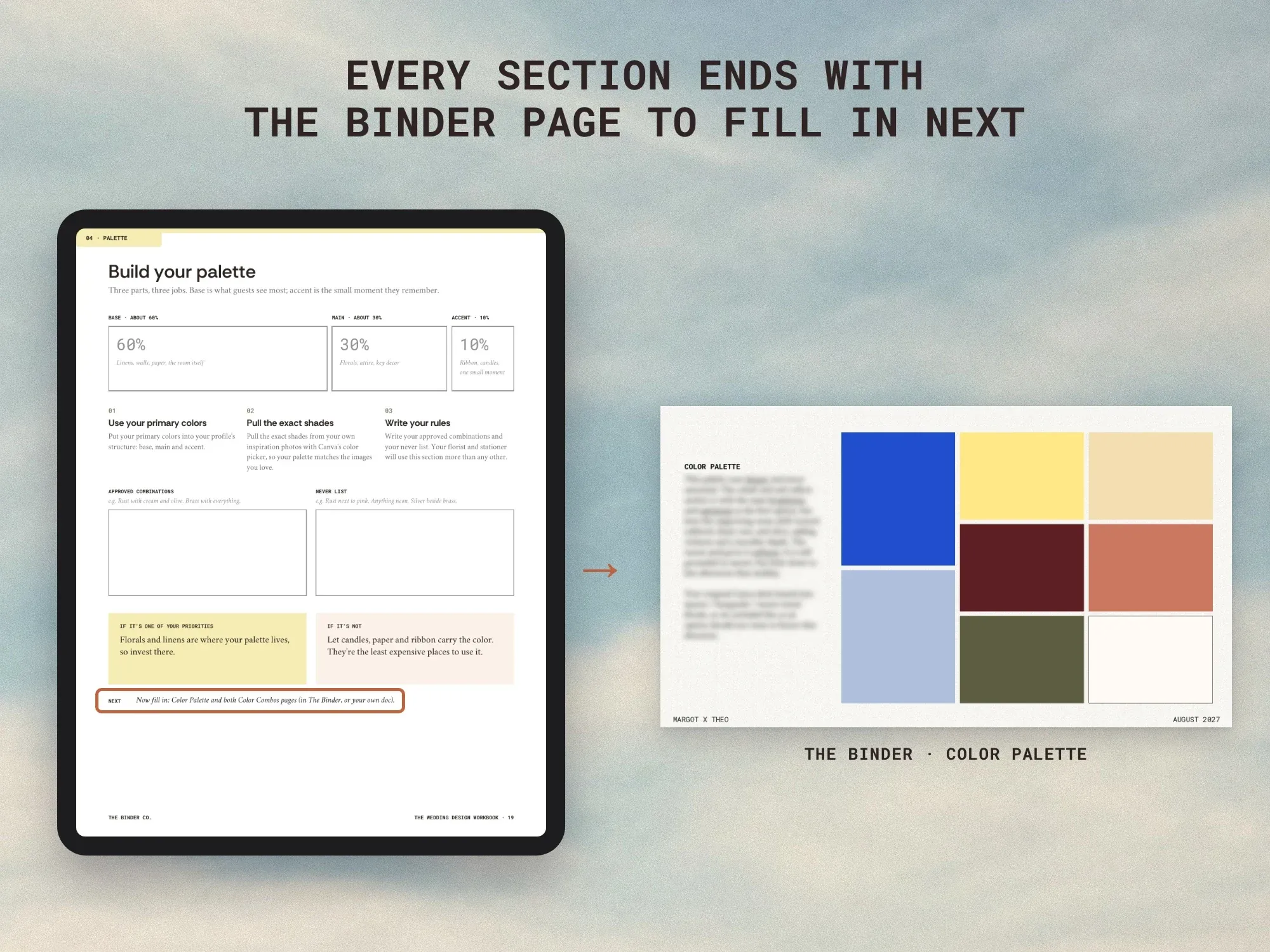The workbook's Build your palette page, which ends by pointing to the Color Palette page in The Binder